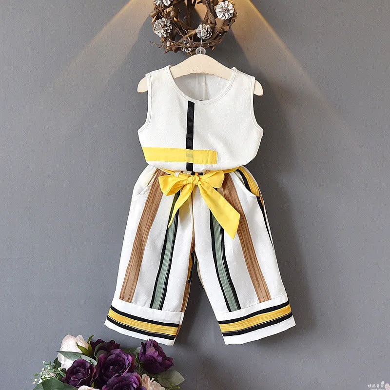 Girls Summer Feather Outfit Set - Sleeveless Top & Bandage Shorts