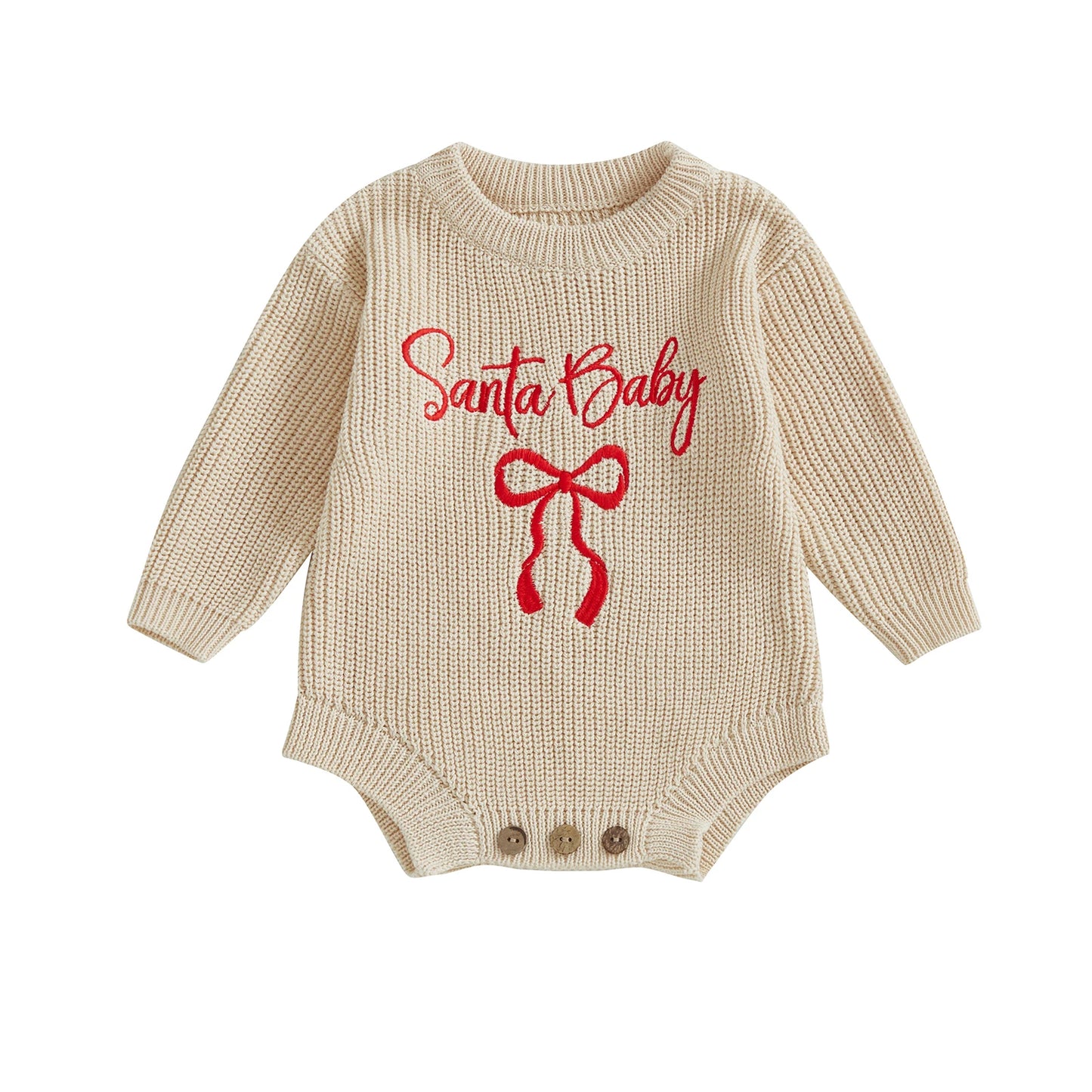 Baby Christmas Romper Sweater - Letter Bow Embroidery Ribbed Long Sleeve