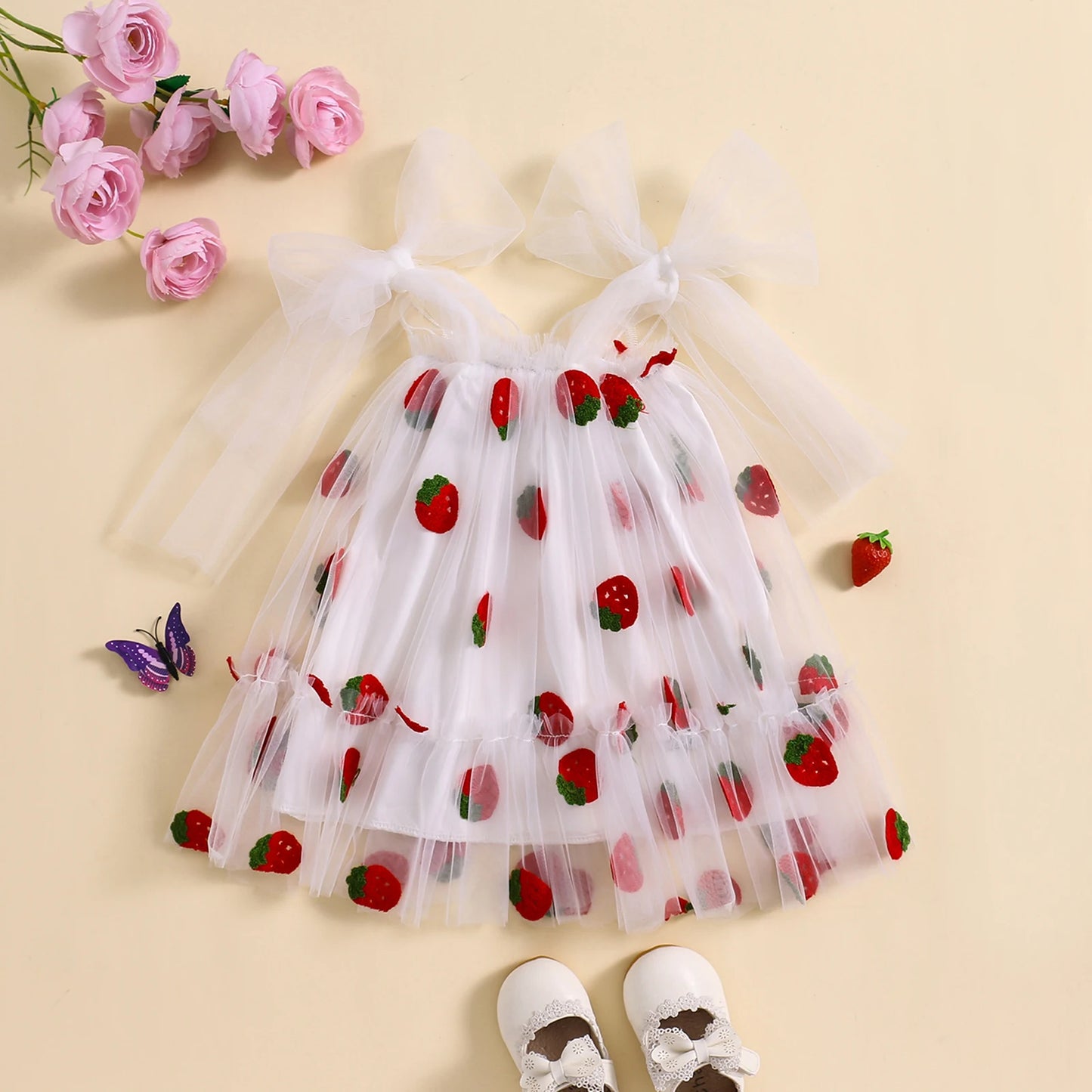 Summer Baby Girls Princess Dress 0-3Y Sleeveless Straps Print Mesh Tulle Sundress with Butterfly Wing