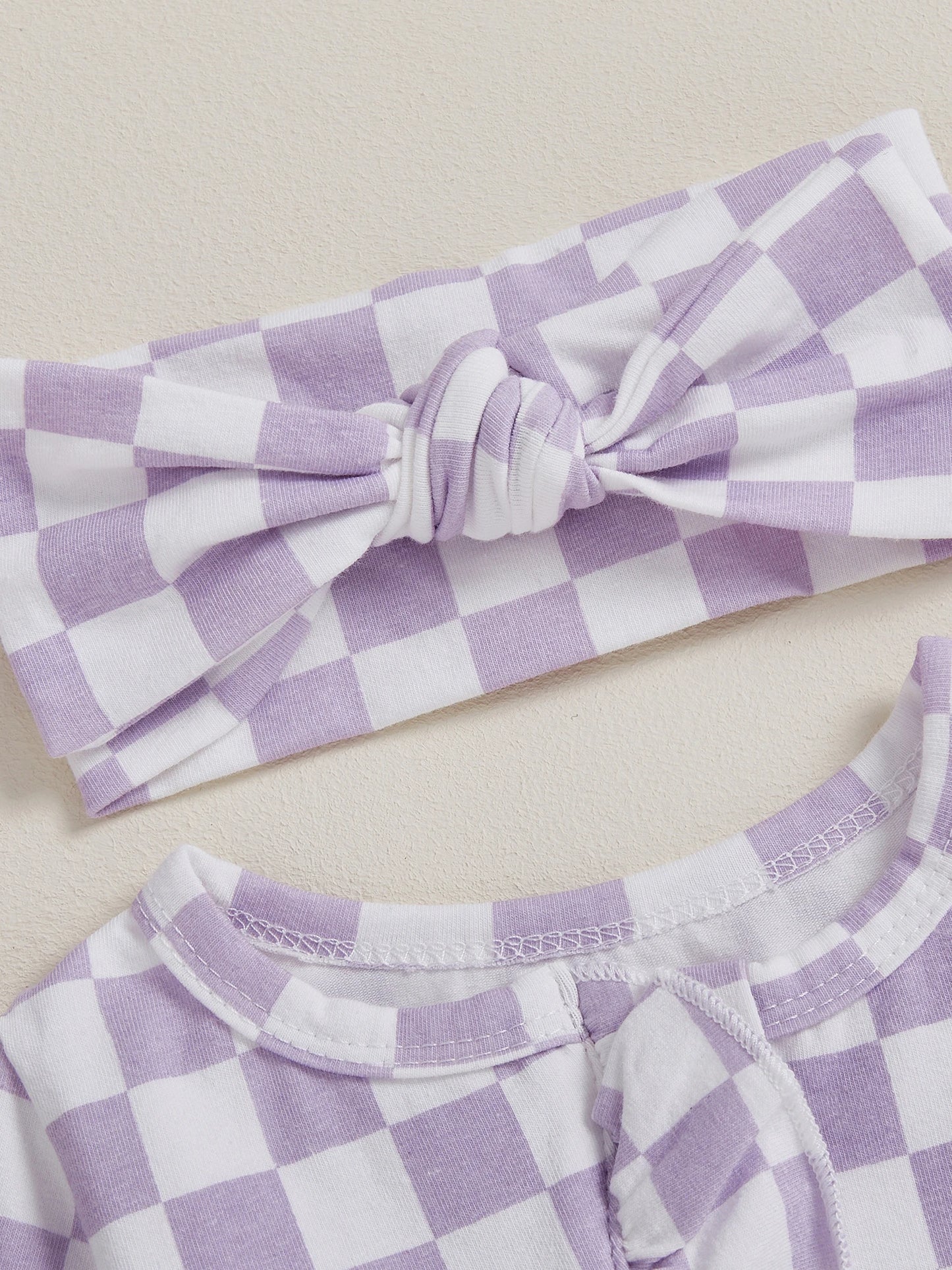 Newborn Baby Footie Set with Headband - Checkerboard Ruffled Zip Front Jumpsuit