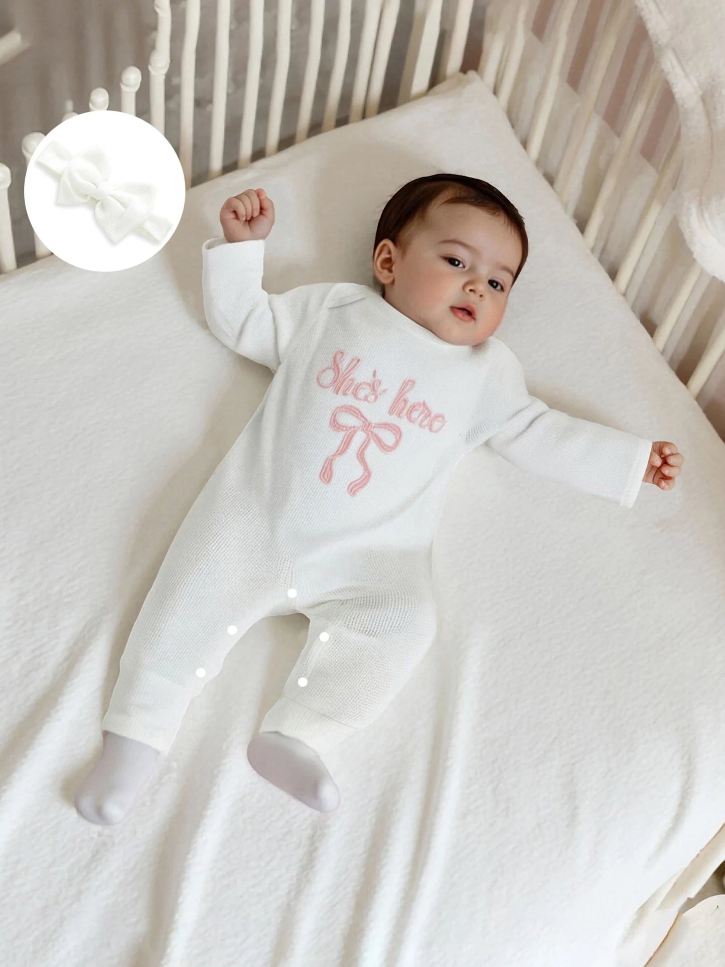 Newborn Baby Fall Winter Romper - Bow Letter Print Waffled Jumpsuit with Headband (0-6M)