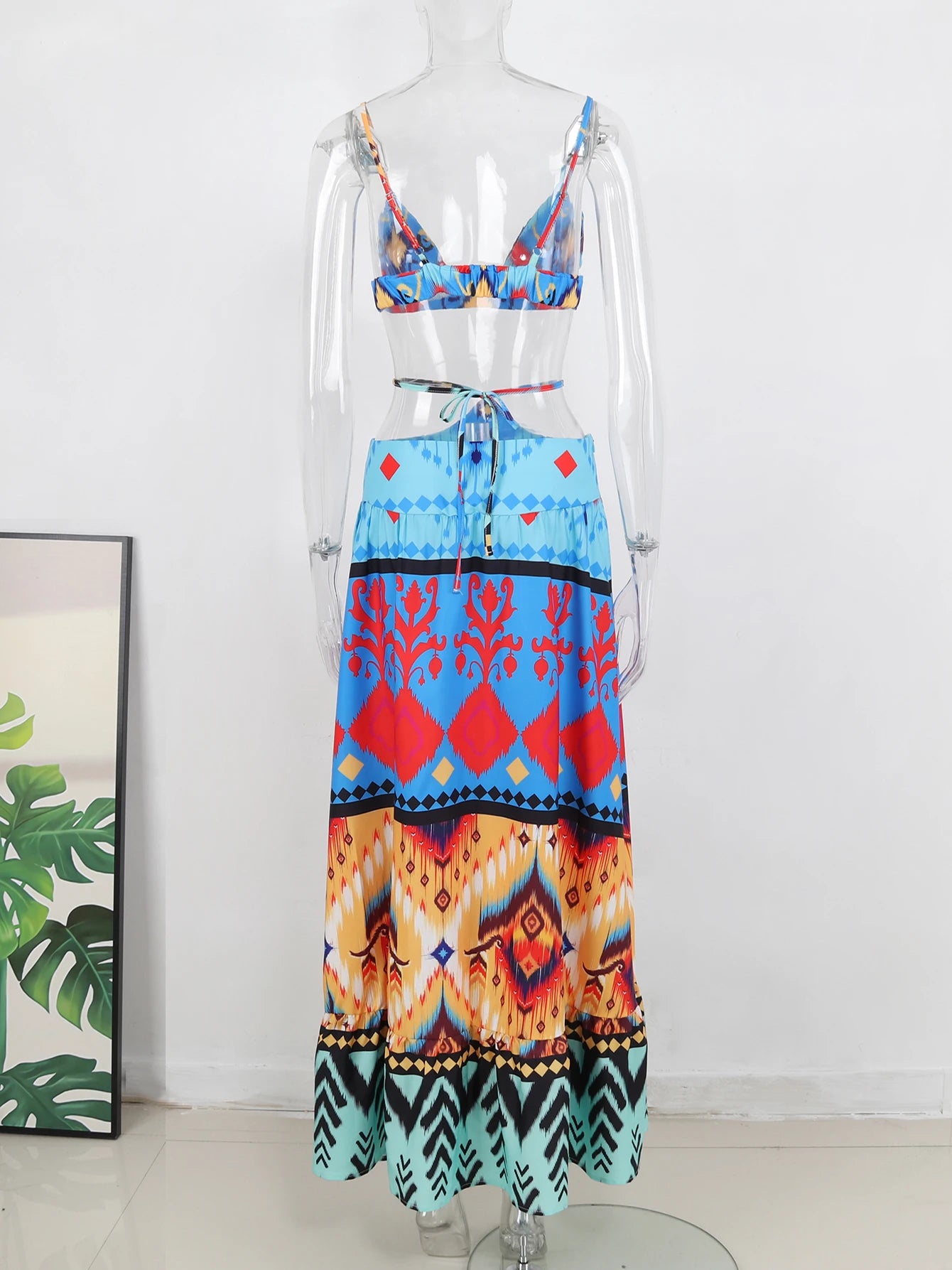 Women's Print Beach Two Piece Skirt White Bra High Waist A-line Long Skirt Beach Set