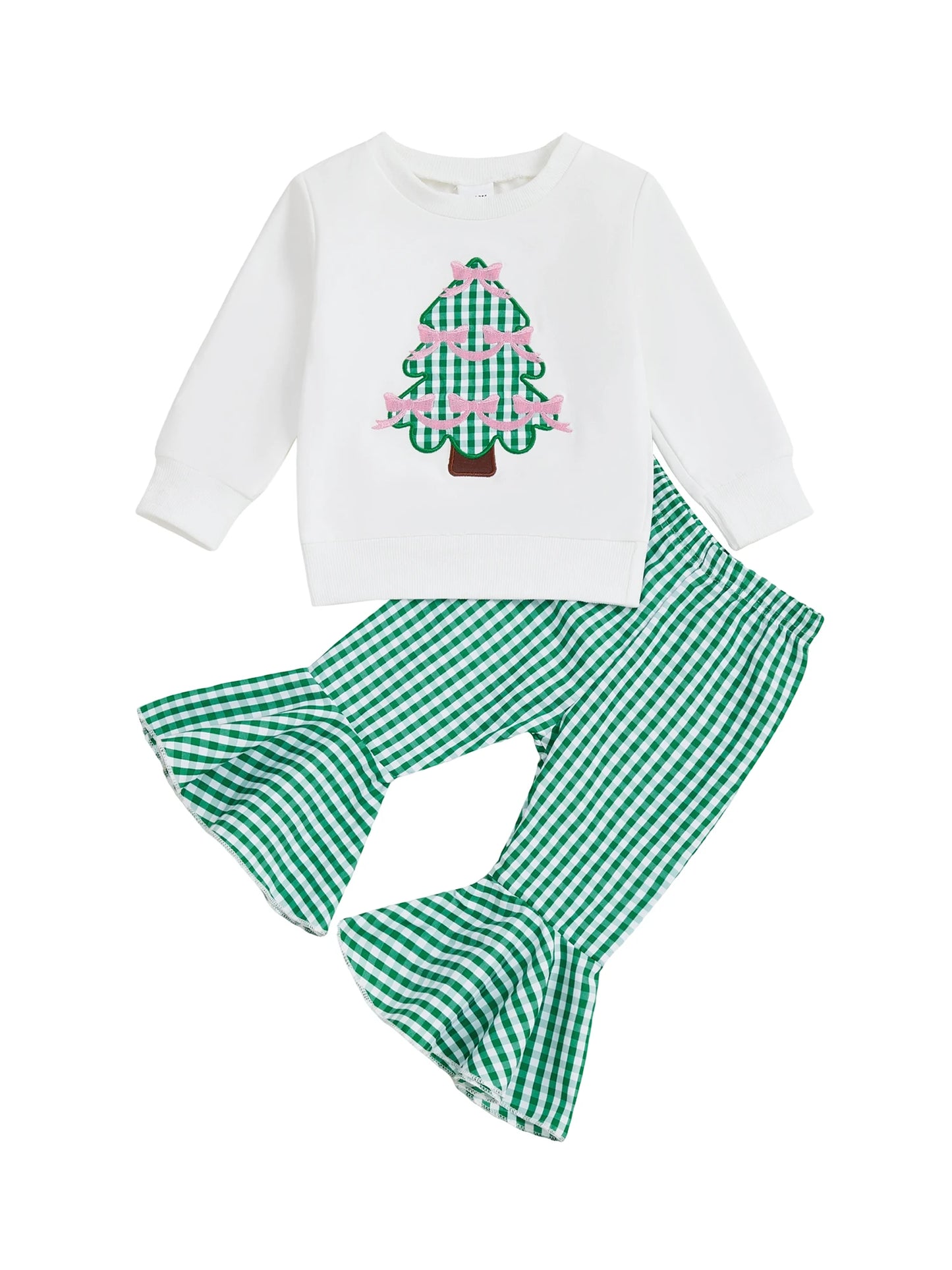 Baby Girls Christmas Tree Embroidered Sweatshirt & Plaid Bell Bottoms Set (0-4Y)