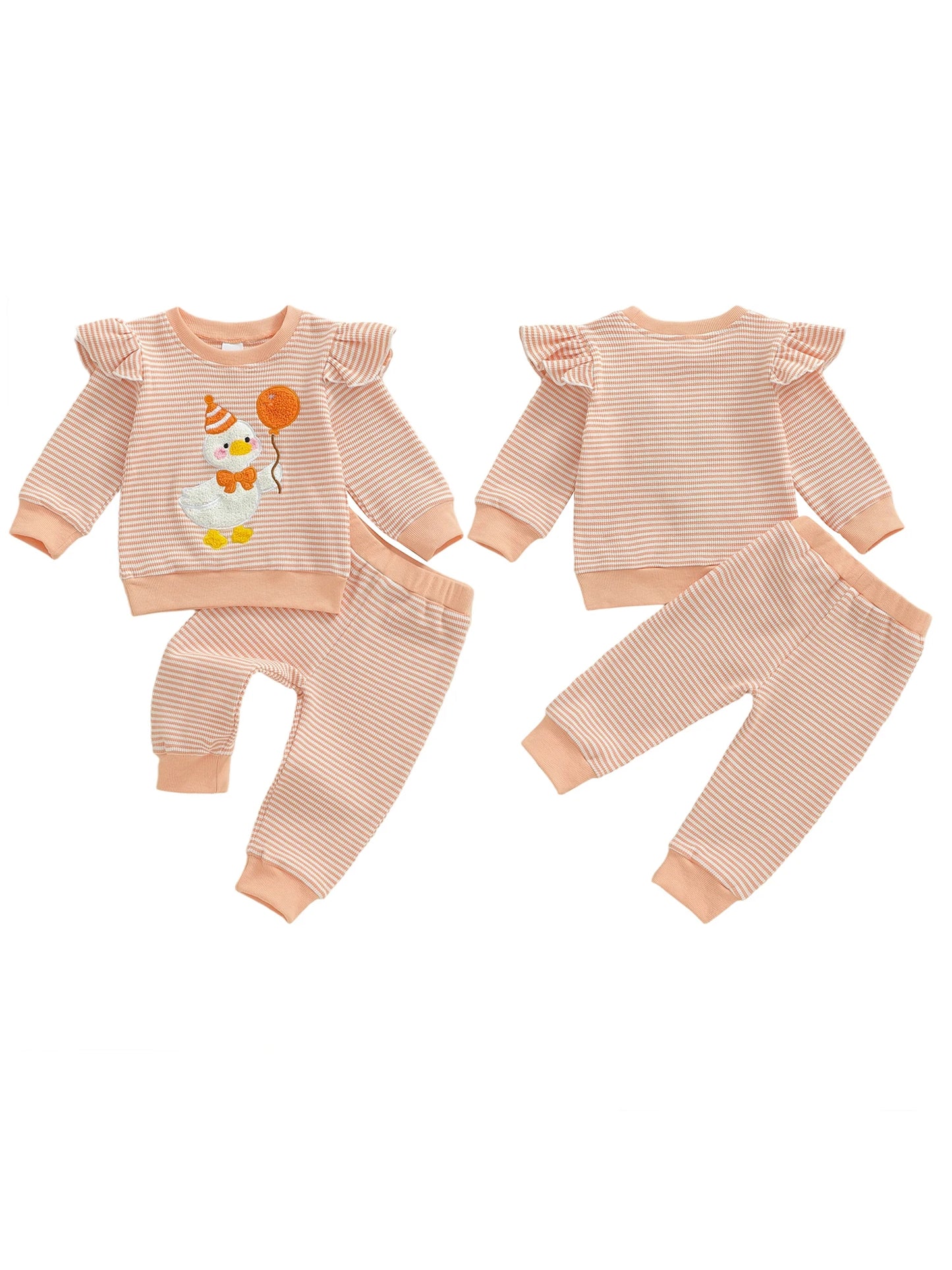 Baby Girls Goose Embroidered Striped Outfit Set (0-4Y)