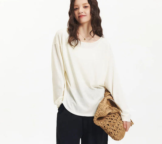 Women's Long Sleeve U-Neck T-Shirt - Minimalist Elegant Cardigan Style Top