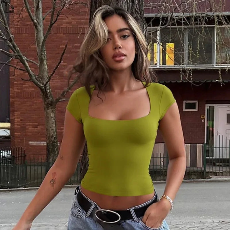 Women's Y2K Square Collar Cropped Top - Short Sleeve Slim Fit Summer Tee