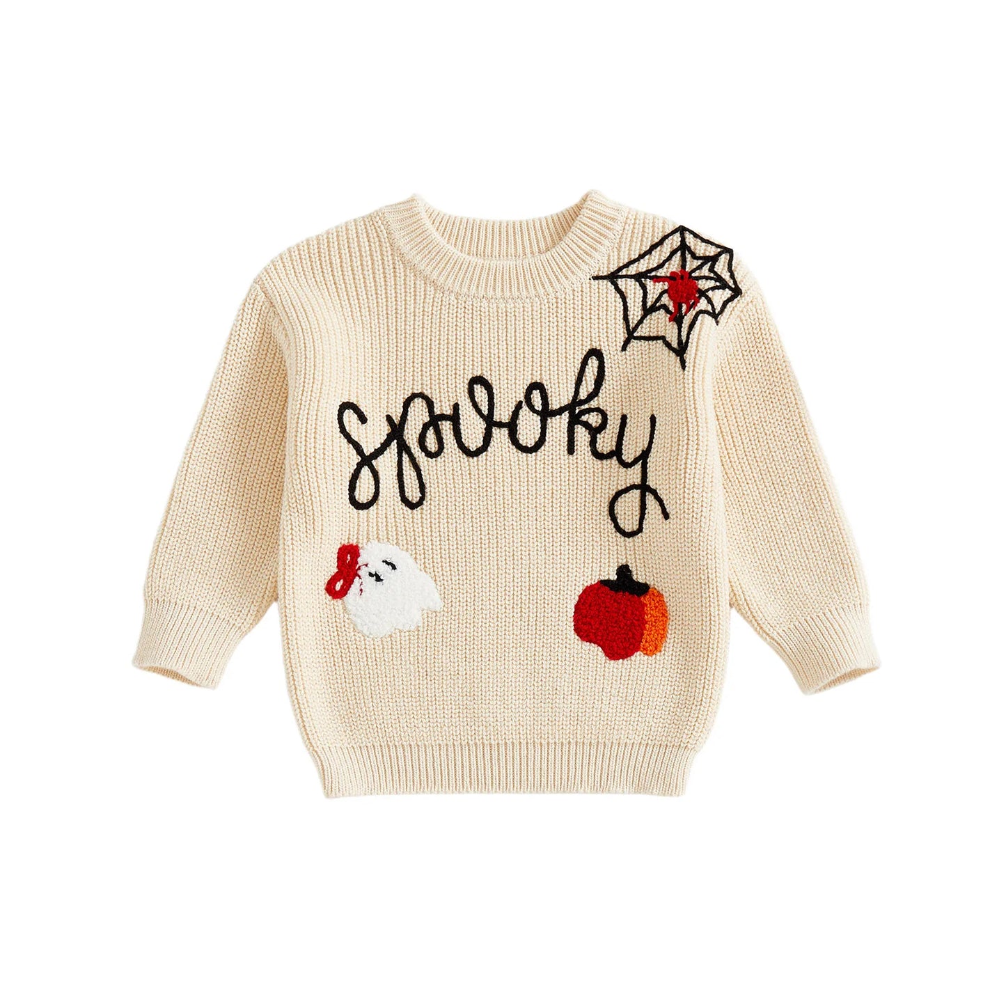 Baby Halloween Knit Sweater - Letter Ghost Pumpkin Spider Web Embroidery