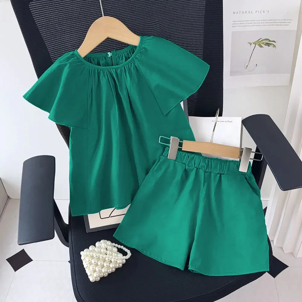 Girls Summer Outfit Set - Green Round Neck Top & Shorts