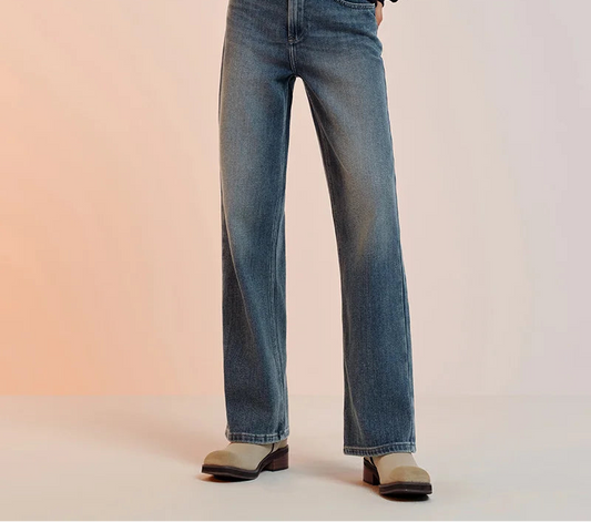 Women's Wide Leg Brushed Denim Jeans - Loose Fit Winter Warm Long Pants