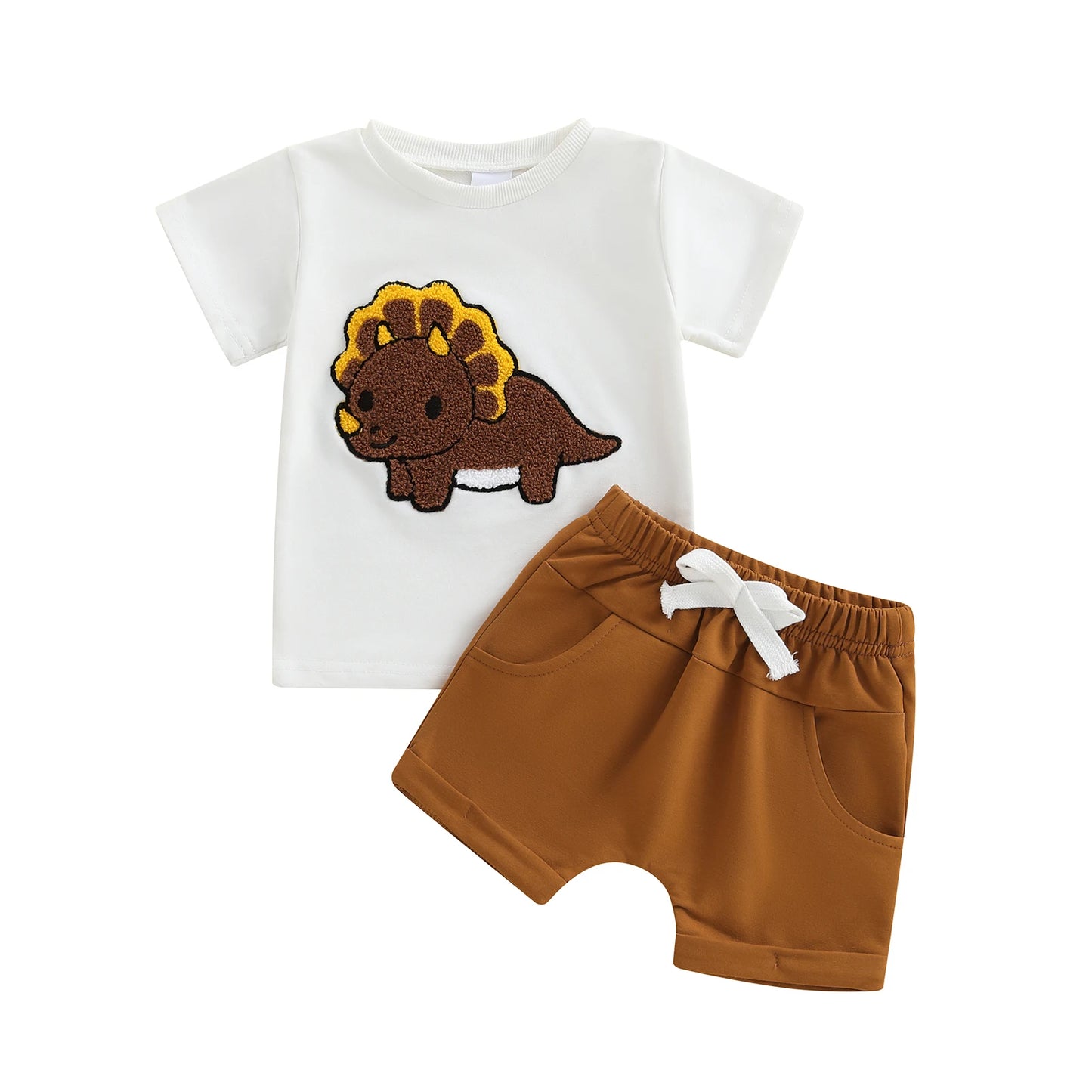 0-3Y Toddler Baby Boys Clothes Set Dinosaur Embroidery Short Sleeve T-shirts Solid Elastic Waist Shorts