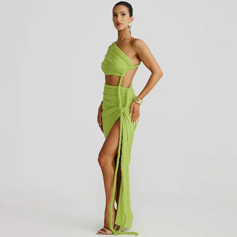 Women's Off-shoulder Thigh High Split Maxi Strapless Sleeveless Ruched Bodycon Party Dress