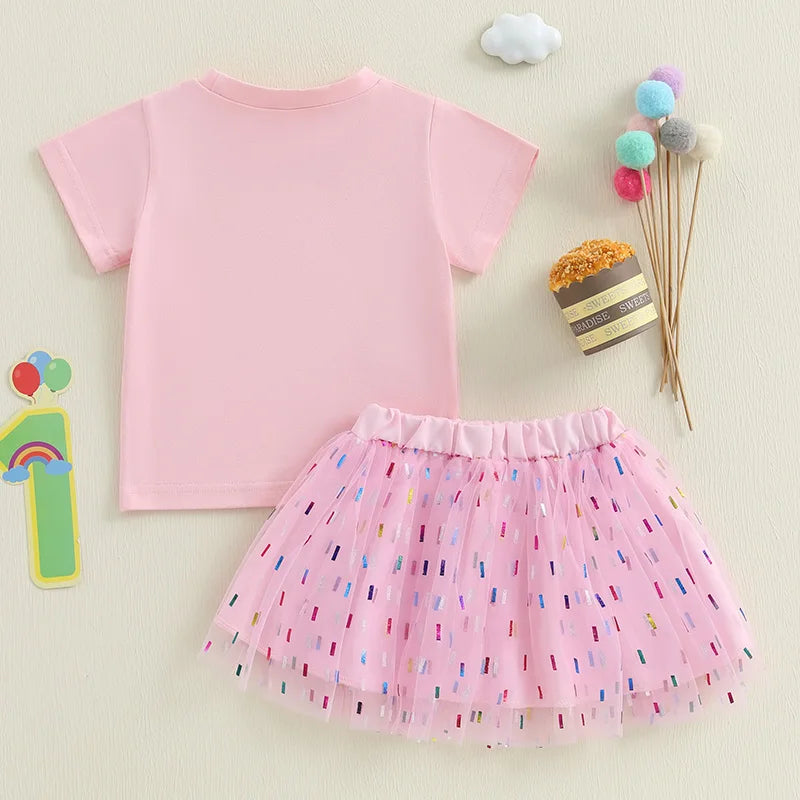Baby Girls Birthday Clothes Sets 0-18M Short Sleeve Crown Letter Print Tops + Lace Tutu Skirt