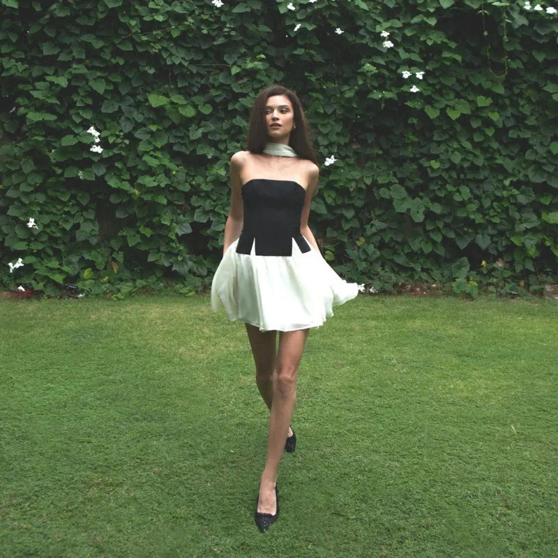 Women's Strapless 2 Piece Set - Crop Top Mini Skirt with Neck Scarf Co-ords