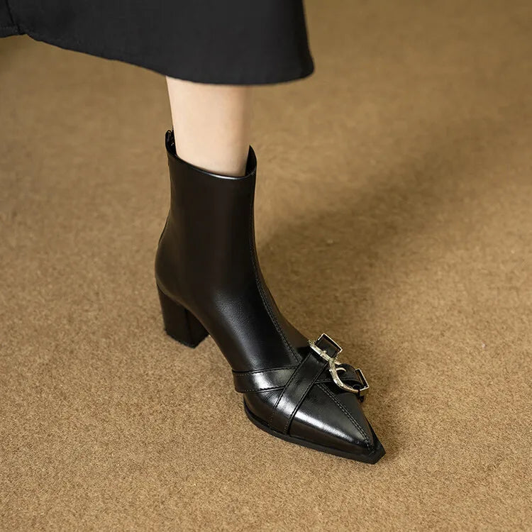 Women's Leather Metal Belt Buckle Short 6cm Square Heel Rivet Boot Back Zipper Boots