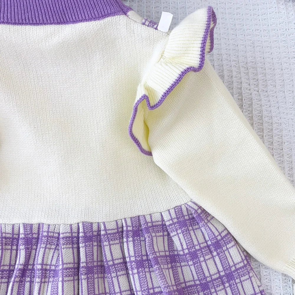 Girl's Long Sleeved Round Neck with Checkered Bow Patchwork Dress