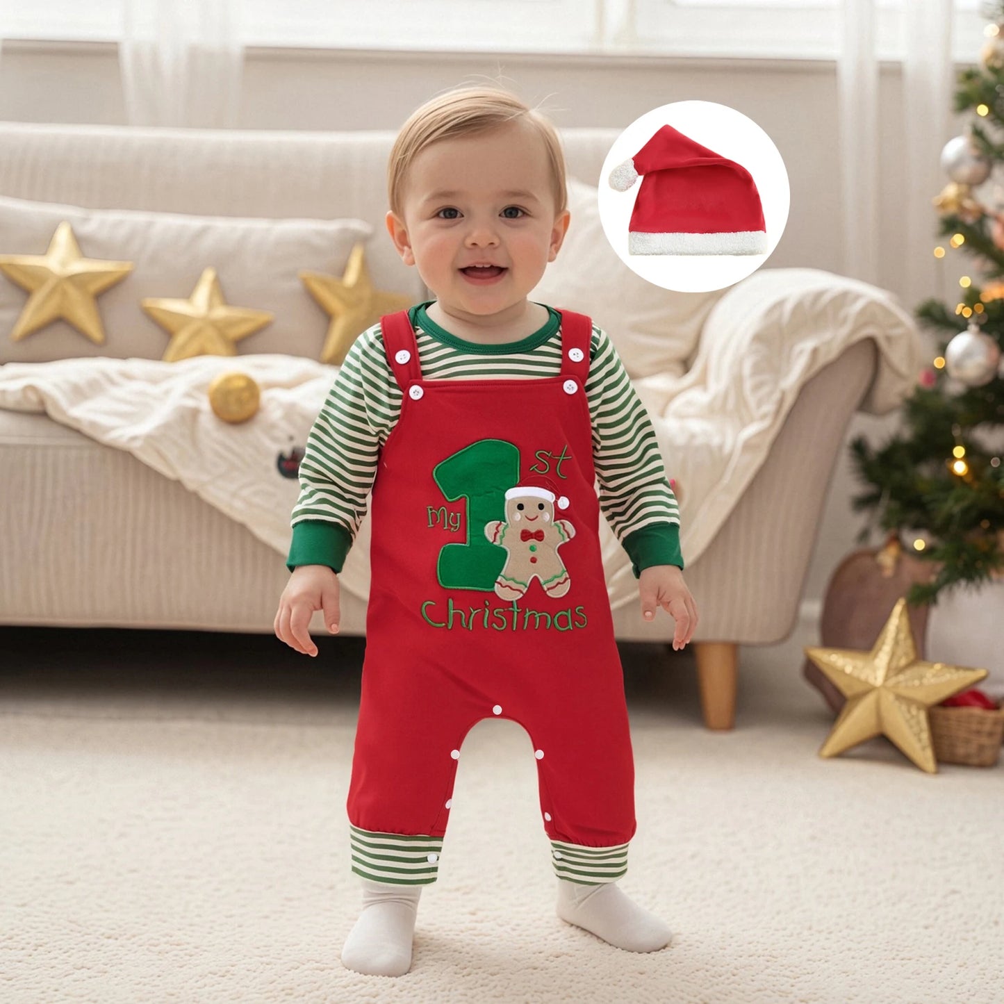 Newborn Baby Boys Fall Winter Christmas Clothes Set - Stripe Long Sleeve Romper, Embroidery Overall Pants & Hat