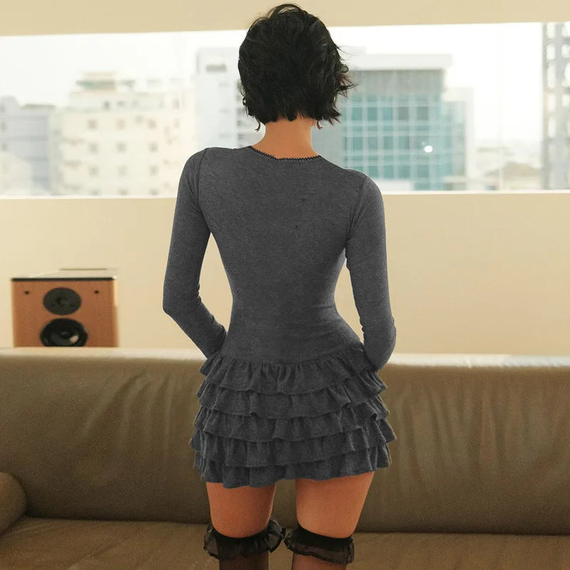 Women's Ruffled Mini Round Neck Bows Frill Long Sleeve Casual Party Dress