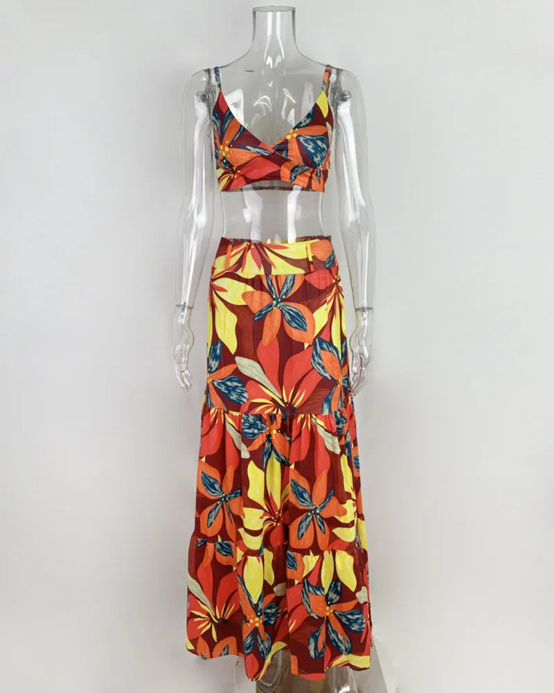 Women's Print Beach Two Piece Skirt White Bra High Waist A-line Long Skirt Beach Set