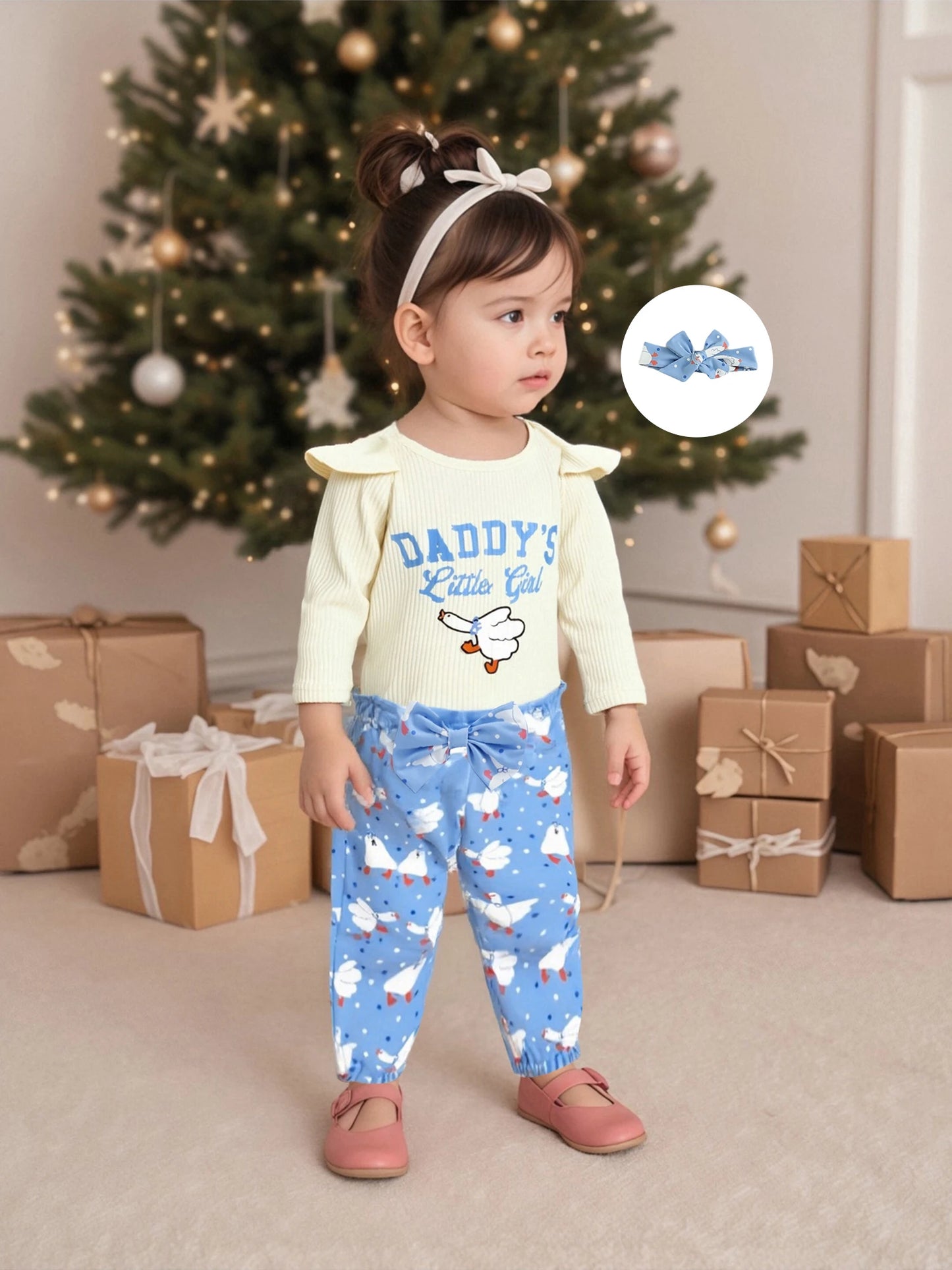 Baby Girls Duck Print Outfit Set - 3-Piece Long Sleeve Romper, Dot Pants & Headband (0-18M)