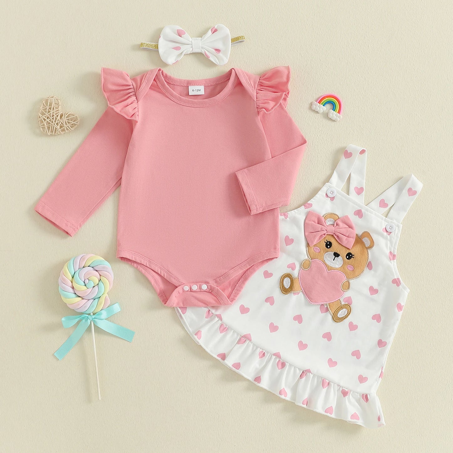 Baby Girls Bear Embroidered Dress Set with Bow Headband (0-18M)