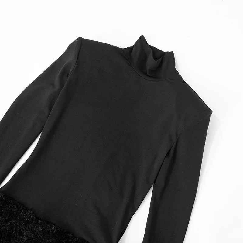 Women's Turtleneck Long Sleeve Furry Mini High Waist Splice Elegant Party Dress