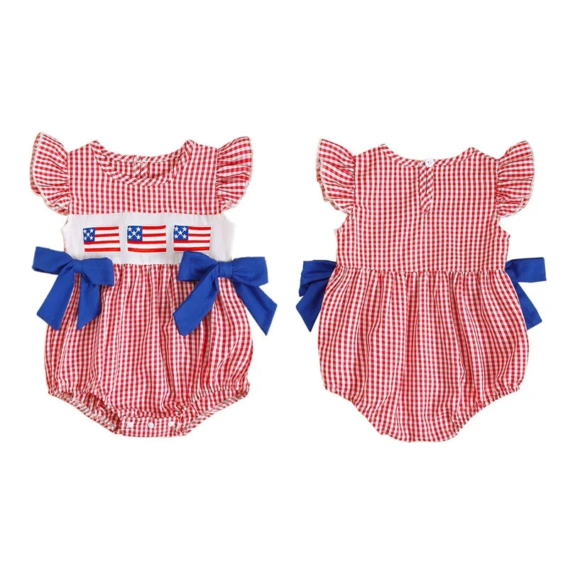 Baby Girls Independence Day Romper - Cute Ruffles Fly Sleeve Plaid Print Jumpsuit (0-18M)
