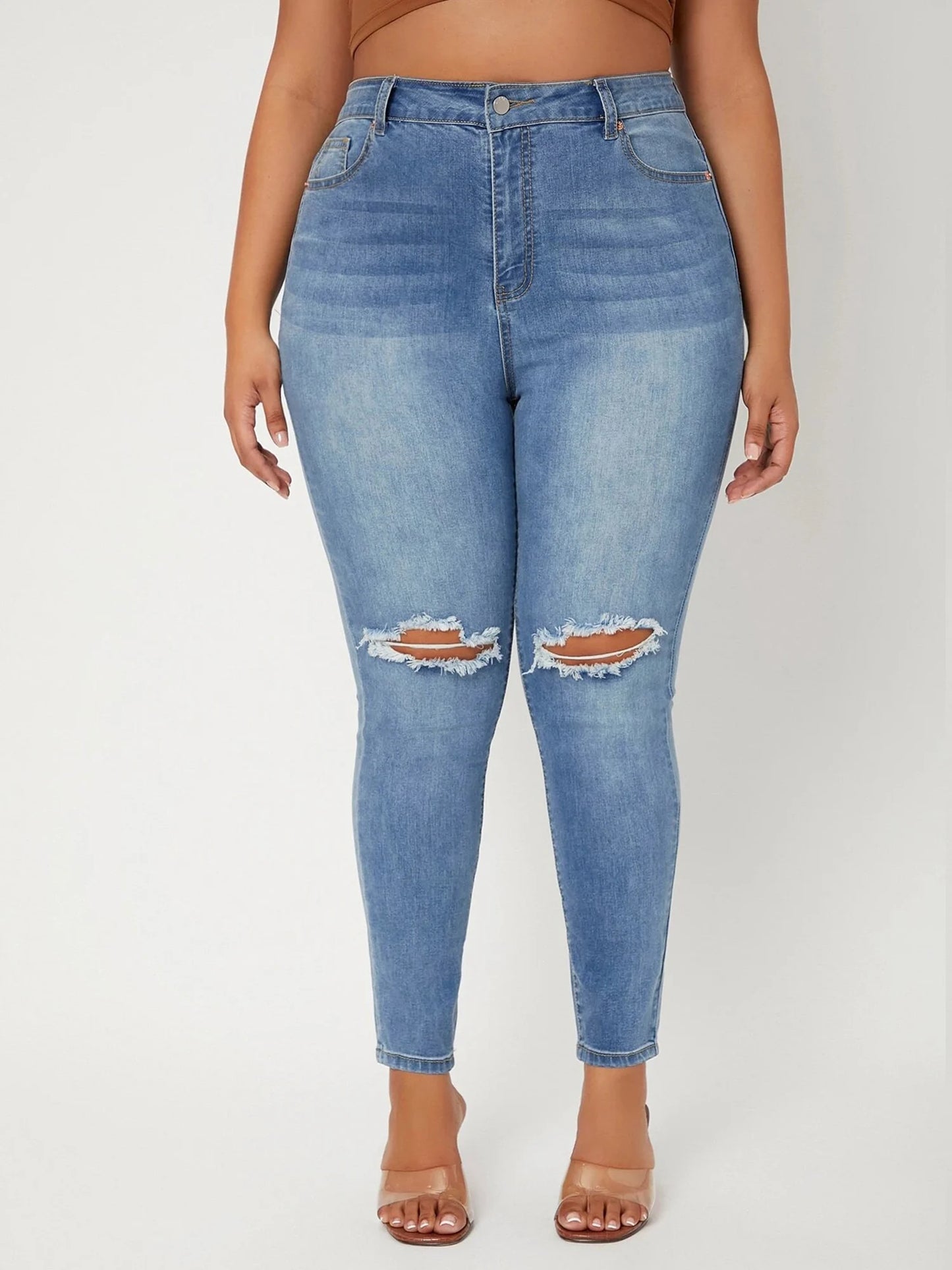 Women's Plus Size Ripped High Waist Stretchy Denim Jeans