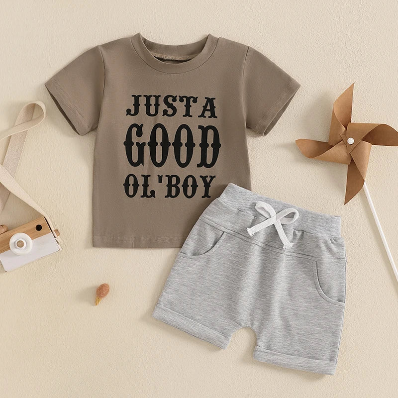 0-4Y Infant Kids Boys Casual Clothes Set Letter Print Short Sleeve Pullover T-shirts Solid Elastic Shorts