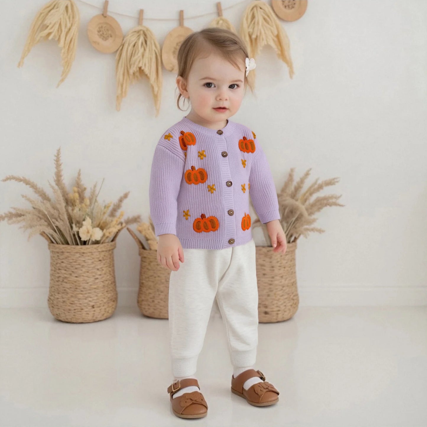 Toddler Halloween Cardigan - Pumpkin Embroidery Button Knit Sweater