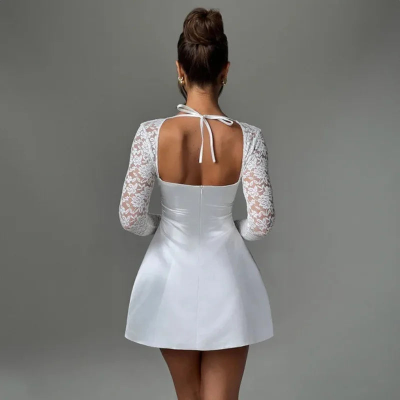 Women's Lace Long Sleeve Mini Square Collar Backless A-line High Waist Party Dress