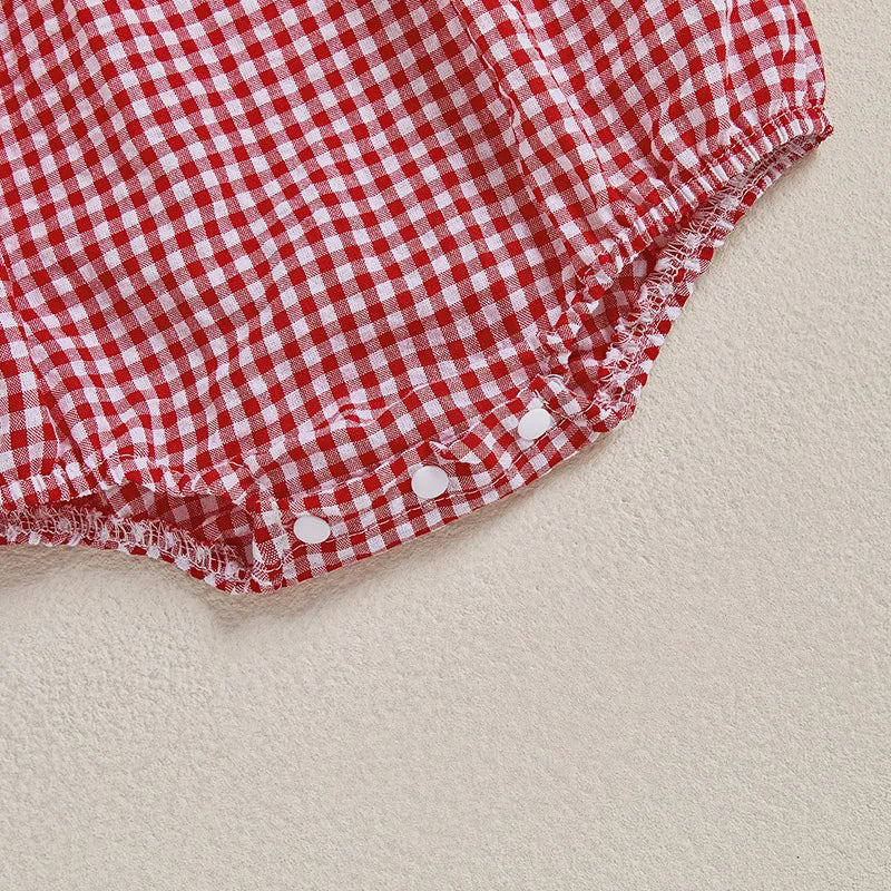 Baby Girls Independence Day Rompers - 3 Colors Letter Embroidery Plaid Print Short Sleeve Jumpsuits