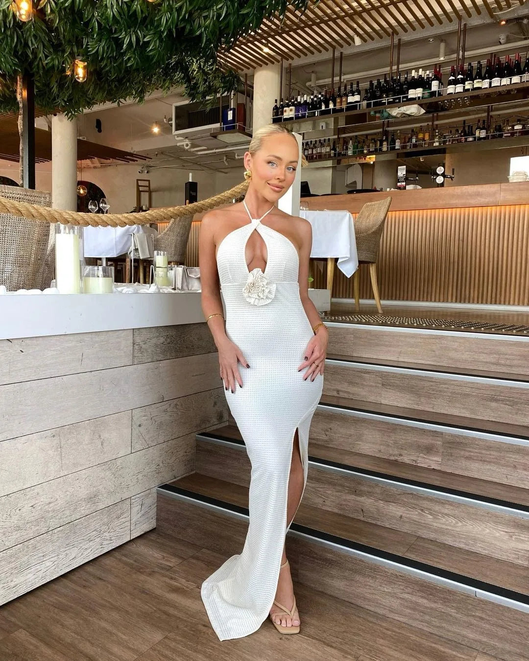 Women's Floral Applique Halter Summer Maxi Cut Out Backless Split Dress