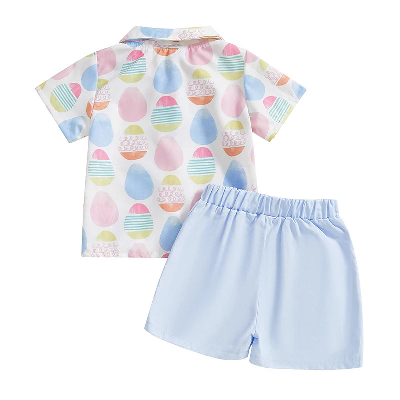 0-4Y Kids Boys Easter Gentleman Clothes Set Egg Print Short Sleeve Button-up Bow Tie Shirt with Elastic Shorts