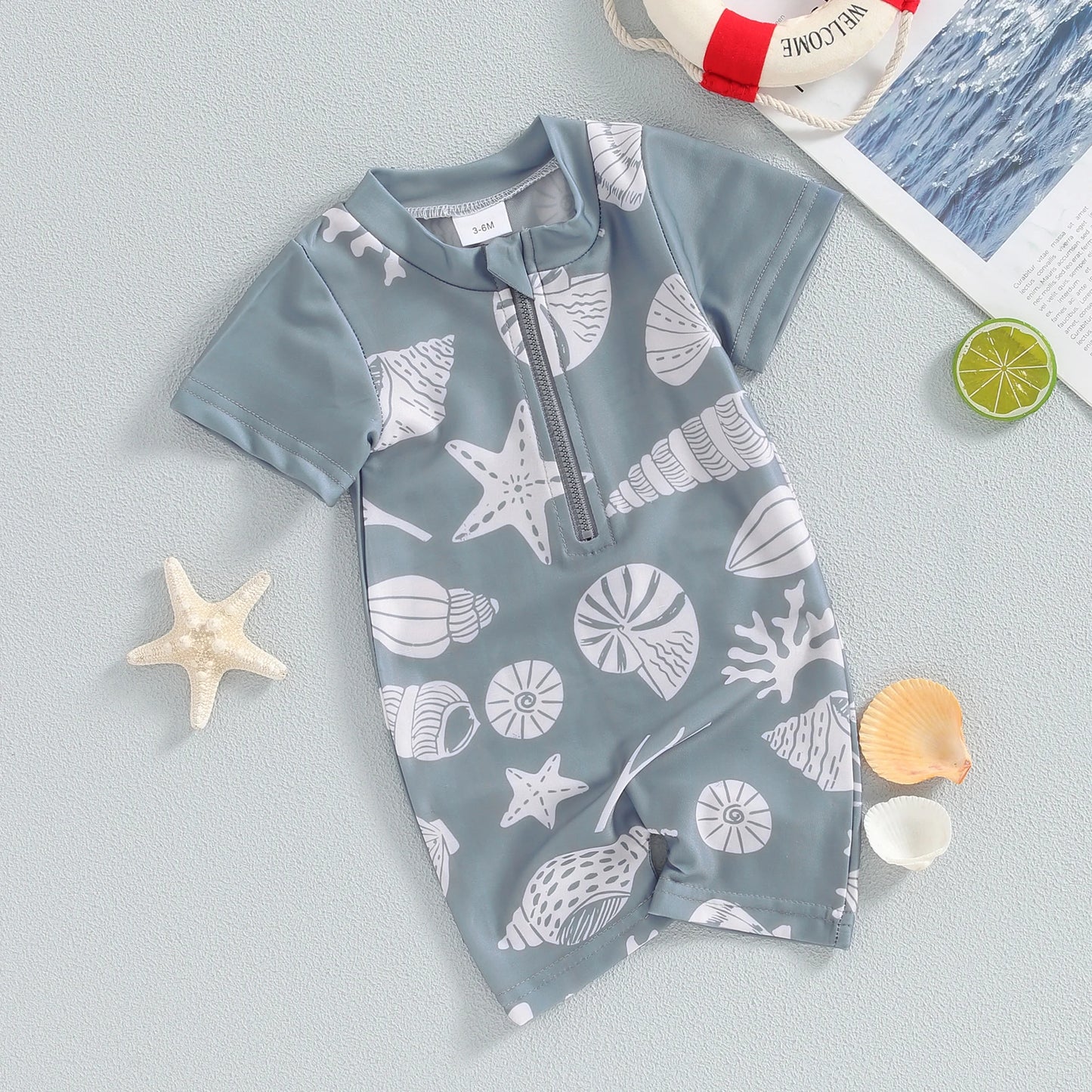 0-3Y Infant Baby Boys Summer Swimwear Cute Sea Element Prints Zipper Short Sleeve Swimsuit Beachwear