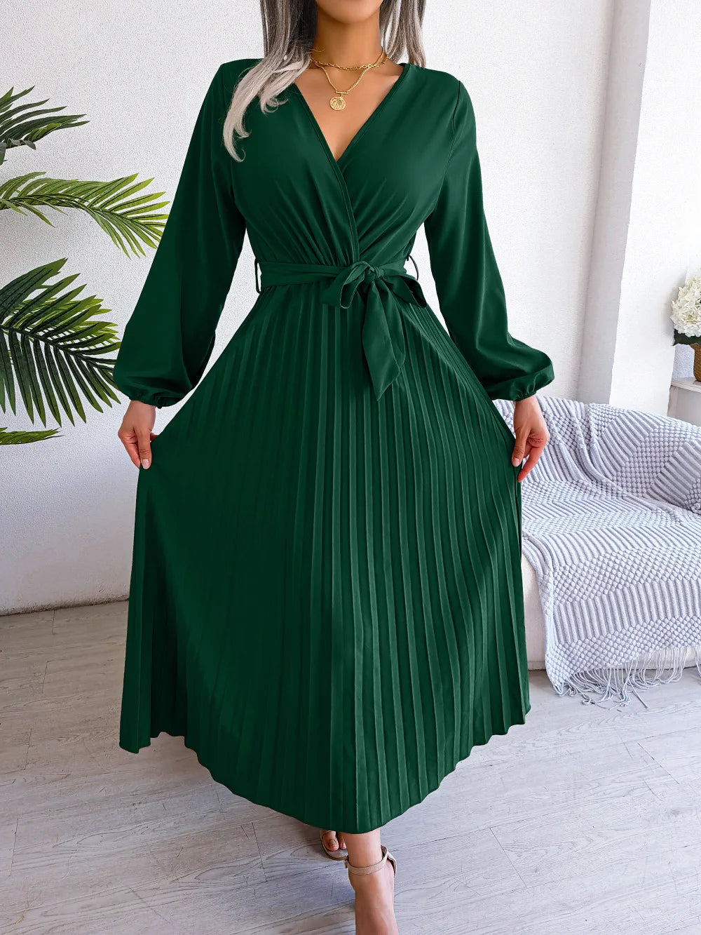 Women's Spring Summer Cross V Neck Large Hem Pleated Long Dress