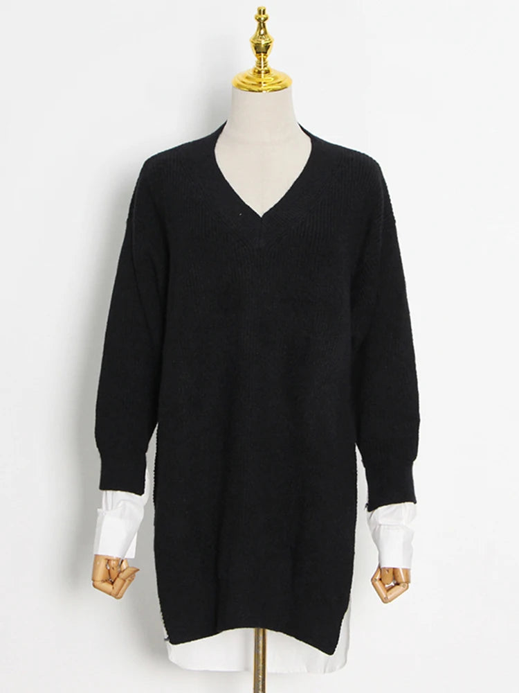 Women's Patchwork V Neck Long Sleeve Loose Straight Knitting Pullover Sweater Shirt Dress