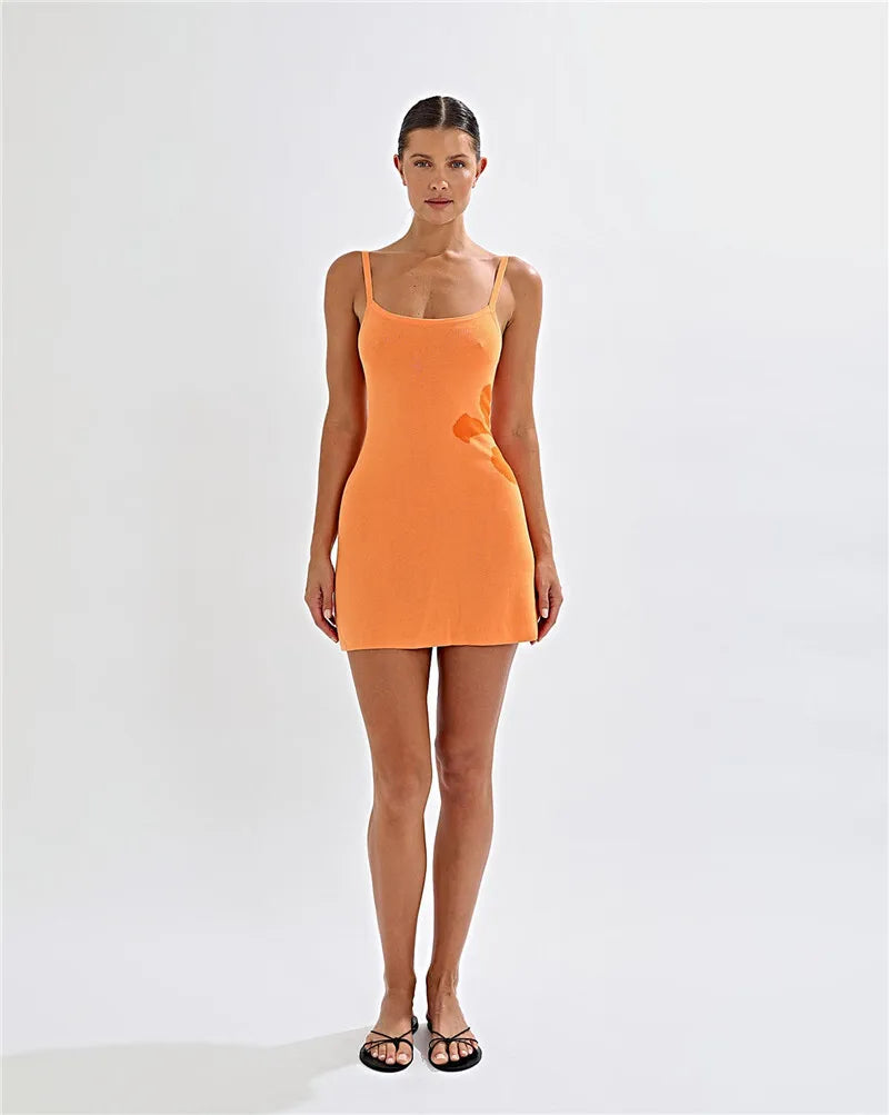 Women's Spaghetti Strap Print Knitwear Mini Robe Summer Sleeveless Backless Beach Dress