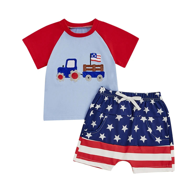 0-4Y American Flag Baby Boys Clothes Sets Tractor Embroidery Patchwork Short Sleeves T-Shirt Star Stripe Shorts