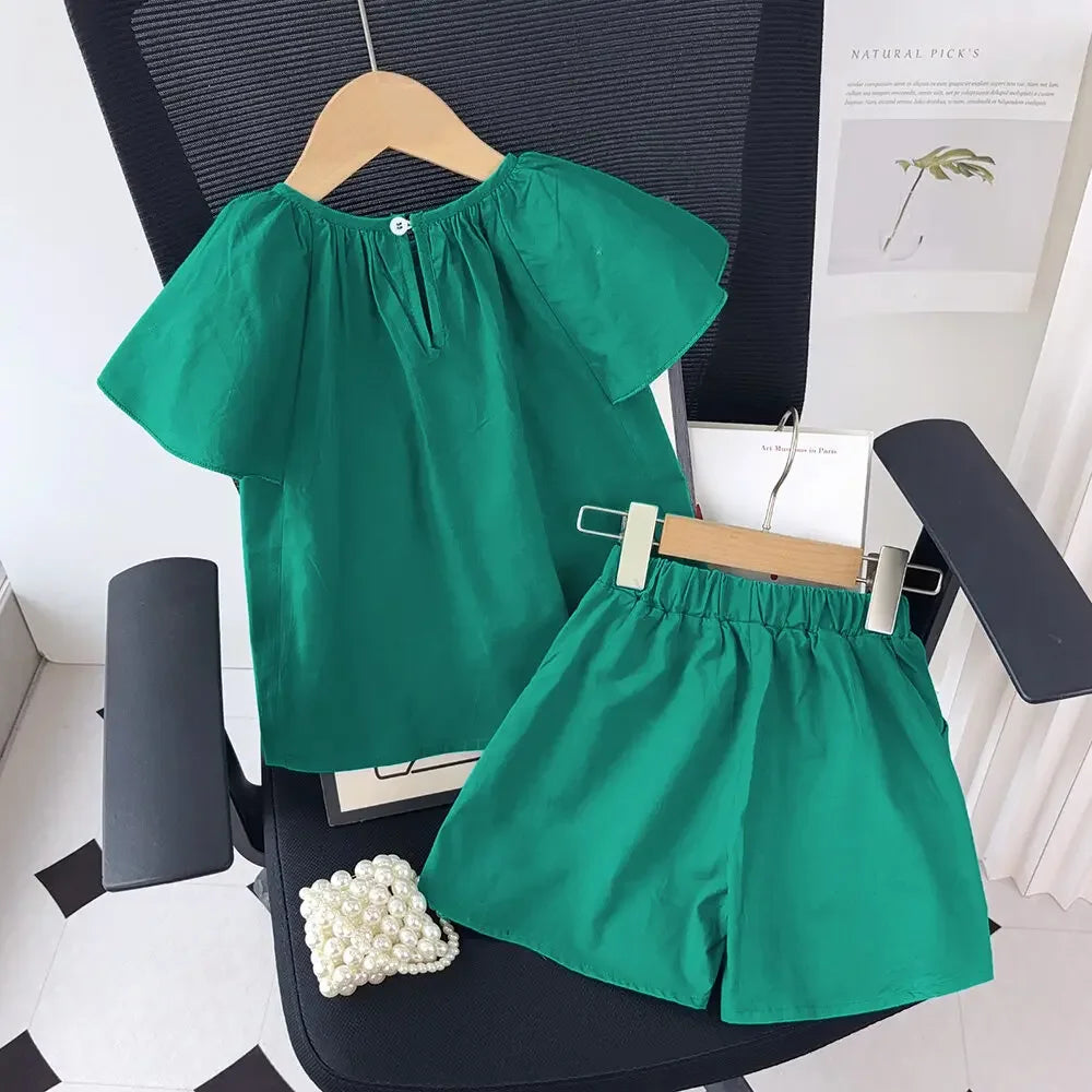 Girls Summer Outfit Set - Green Round Neck Top & Shorts