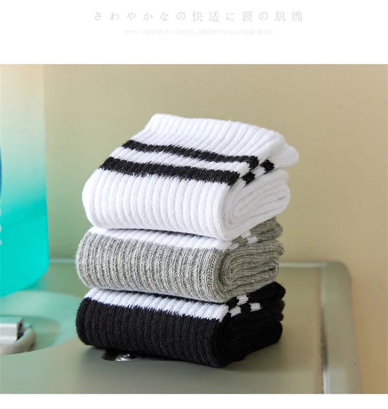 3 Striped Cotton Socks - Unisex Streetwear Casual Knitted Socks