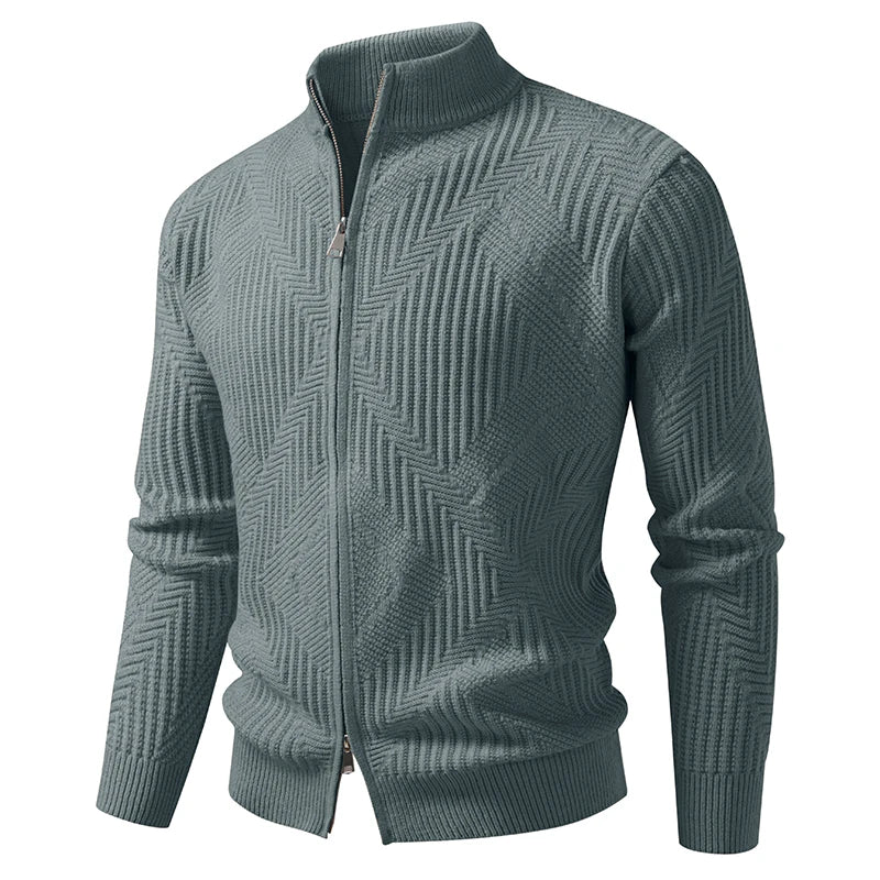 Men's Stand Collar Geometric Knit Sweatercoat - Solid Colour Casual Cardigan for Autumn Winter