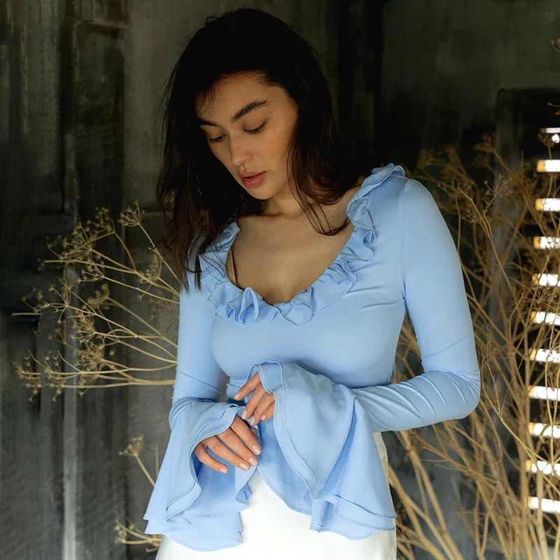 Women's Elegant Frill Ruffle Detail Flare Sleeve Tops Low Plunge Neck Slim Tie Back Cropped Top