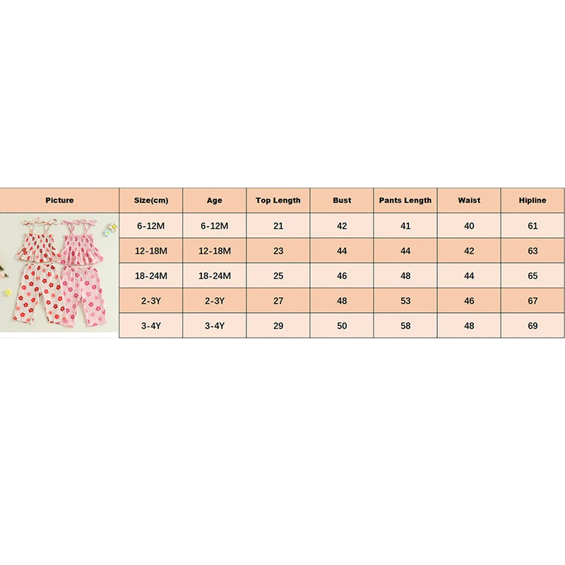 0-4Y Kids Girls Clothes Set Flower Print Sleeveless Lace Up Pleated Camisole with Trousers 2pcs Set