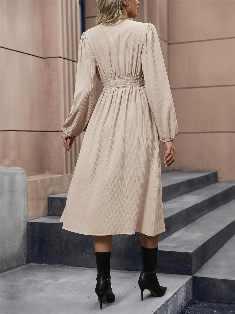 Women's Autumn Winter Long Sleeve Elegant V-neck Chiffon A-Line Knee Length High Waist Dress