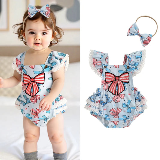 2pcs Baby Girls Independence Days Romper 0-18M Lace Flutter Sleeve Bow Embroidery Layered Hem Jumpsuit Headband