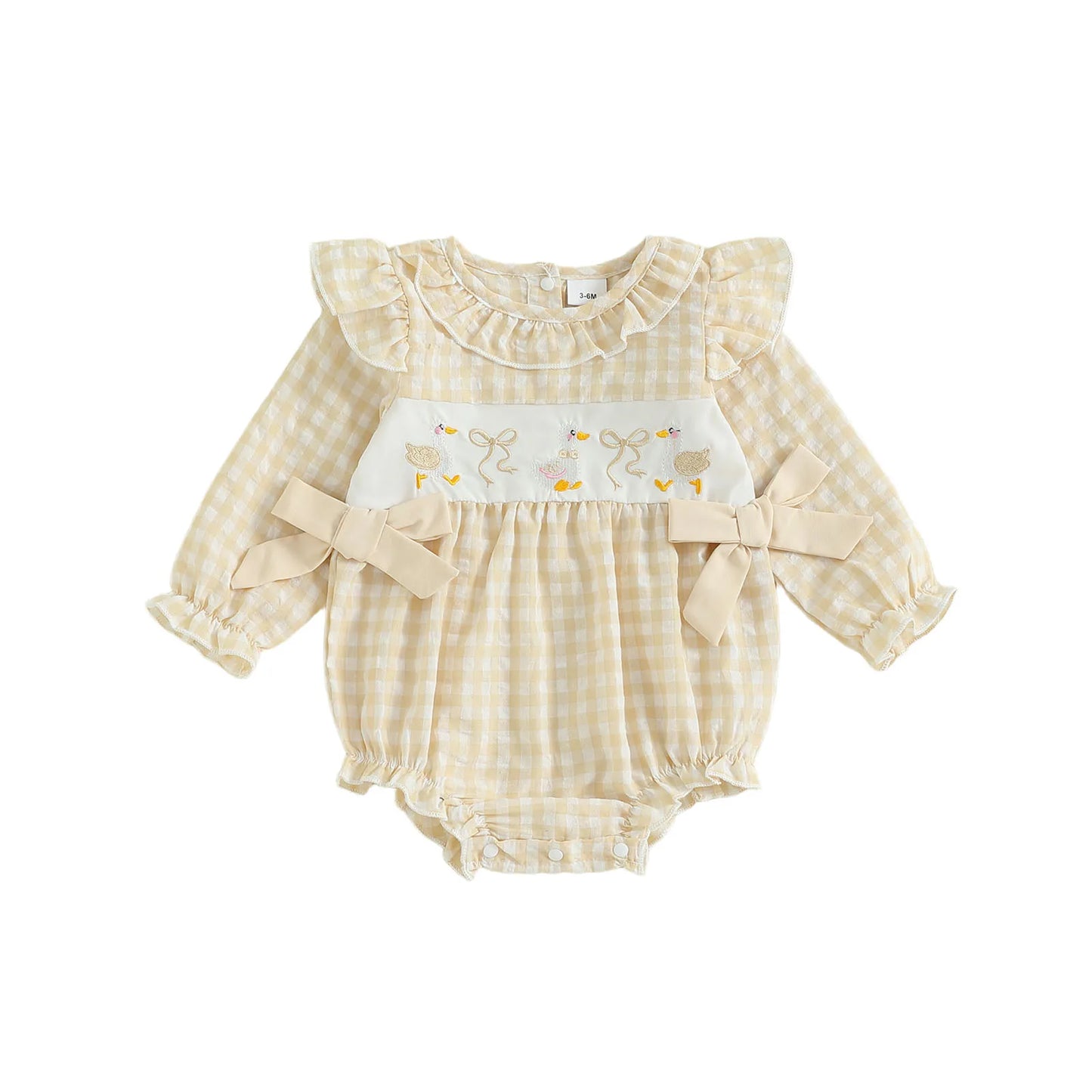 Baby Girls Plaid Bubble Romper - Duck Embroidery Long Sleeve Jumpsuit (0-18M)