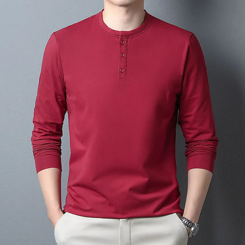 Men's Cotton Henry Collar T-Shirt - Smart Casual Slim Fit Breathable Tee