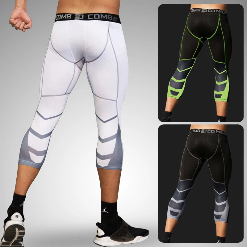 Men's Sports 3/4 Cropped Gym Running Leggings  Elastic Compressions Sweatpant Tights