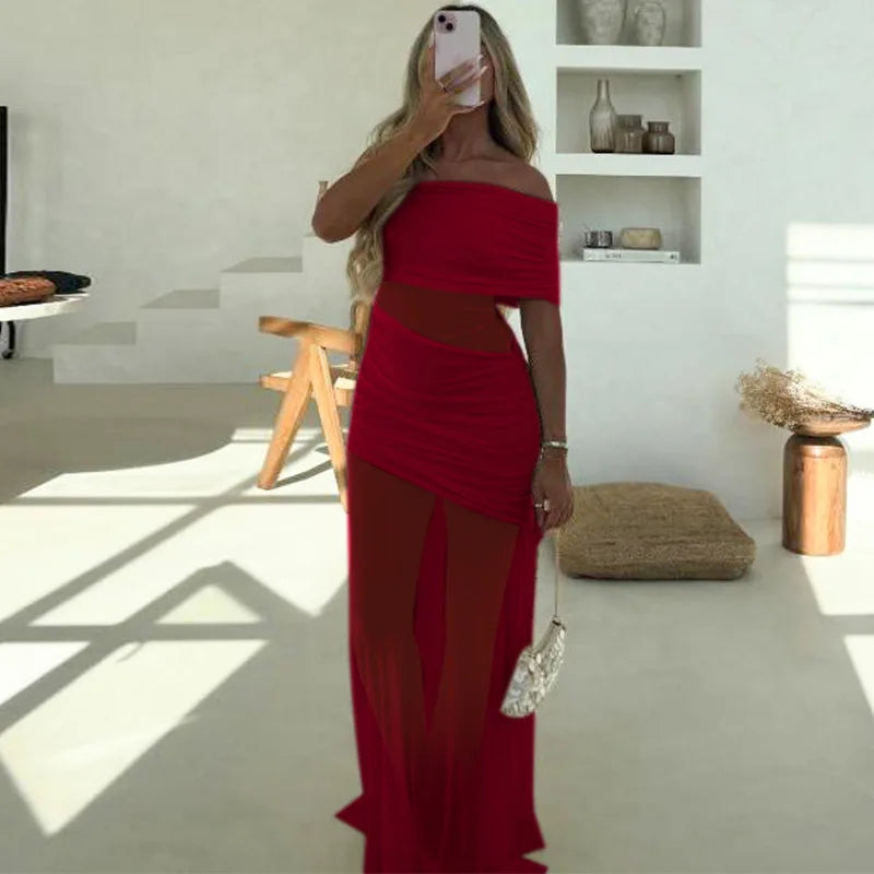 Women's Off Shoulder Ruched Mesh Maxi Dress - Backless Summer Club Dress