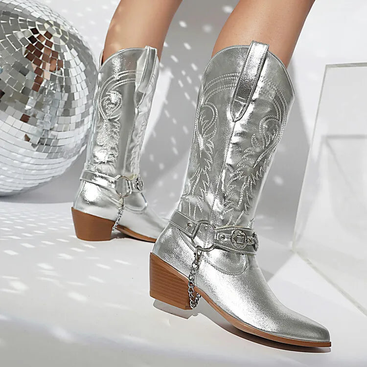 Women's Tapered Circular Metal Chain Chelsea Bohemian Pointed Leather Knee High Boots